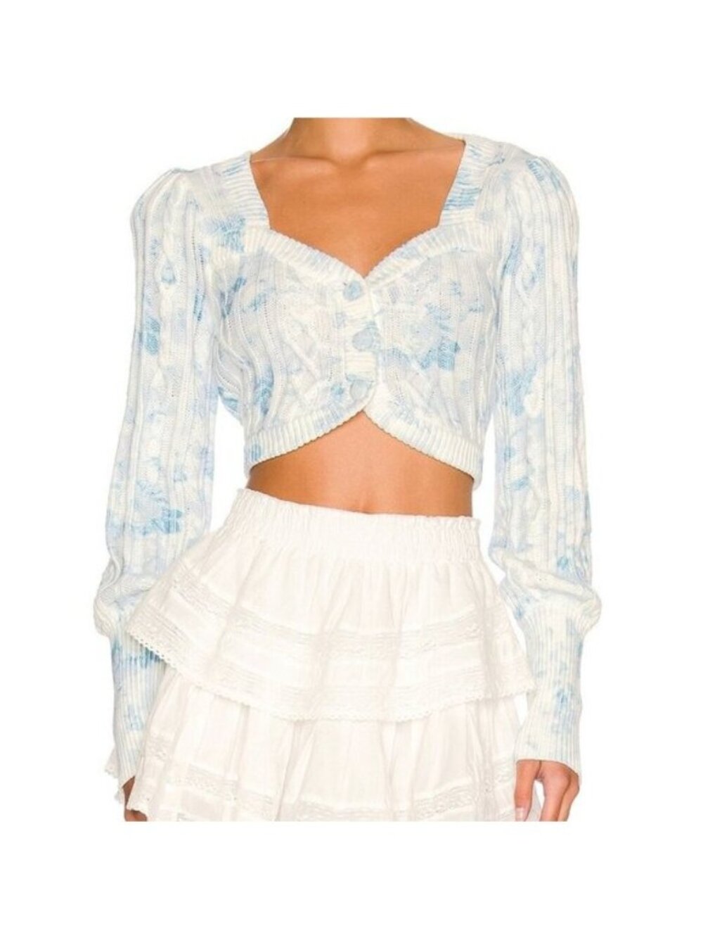 LoveShackFancy Bishop Crop Cardigan XS Light Blue Rain Rose Floral Print Cotton